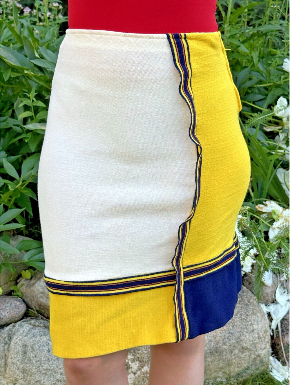 Vtg 70s 80s Color Block Knee Length Pencil Skirt Mid Mod Yellow White Blue